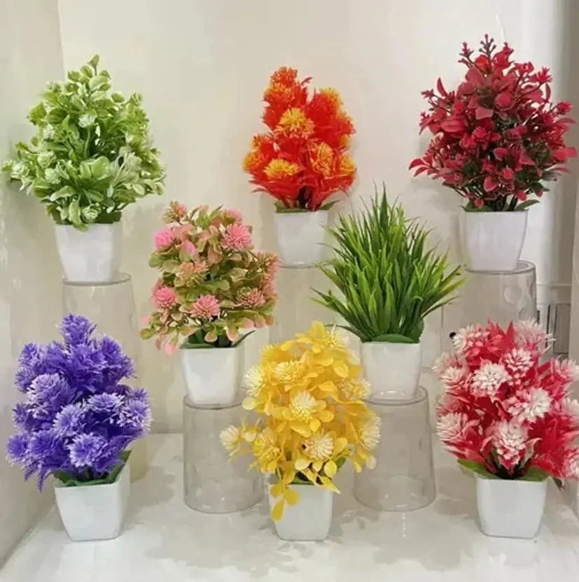Set Of 8 Mini/Small Artificial Plants Bonsai Wild Artificial Plant with Pot (15 cm, Multicolor)