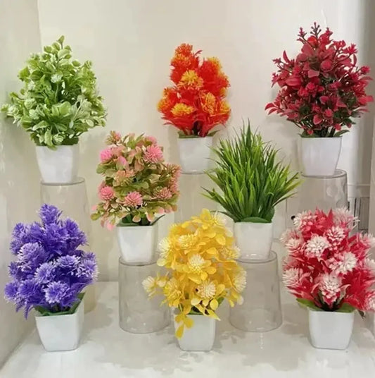 Set Of 8 Mini/Small Artificial Plants Bonsai Wild Artificial Plant with Pot  (15 cm, Multicolor)