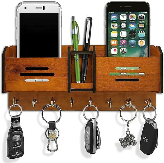 Wood Key Holder  (8 Hooks, Brown)