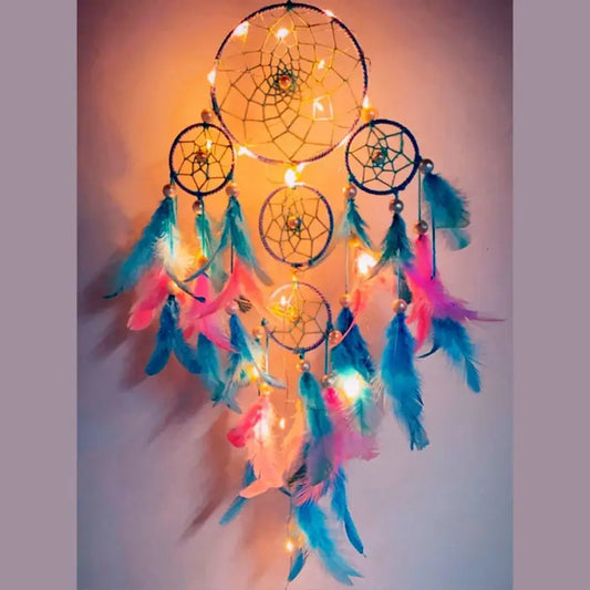 lucky Pastel 4 Tier with Pretty Lights ~ Handmade Hangings for Positivity Feather Dream Catcher&nbsp;&nbsp;(53 inch, Multicolor)